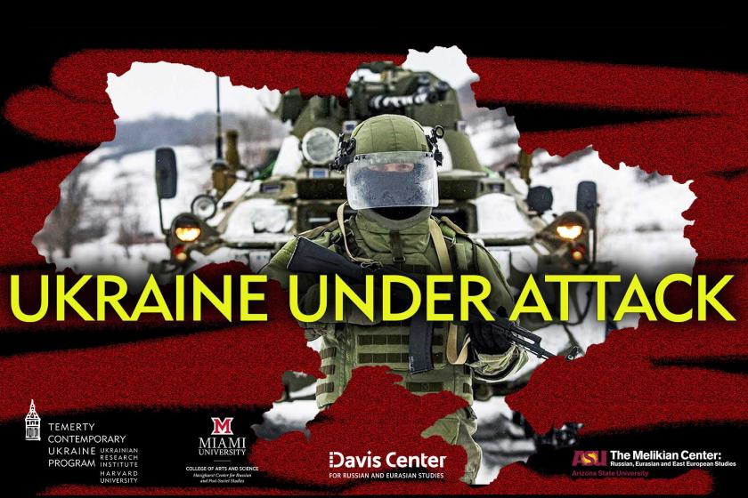 Ukraine under attack overlaid over soldier
