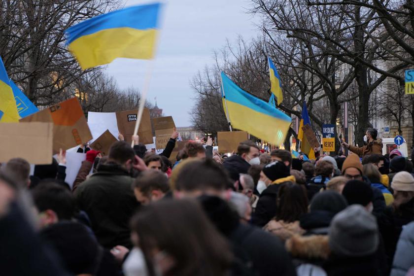 Ukraine solidarity protest with flags