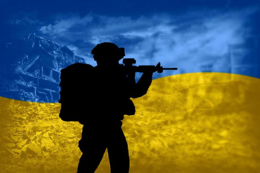 Ukraine colors with soldier overlaid