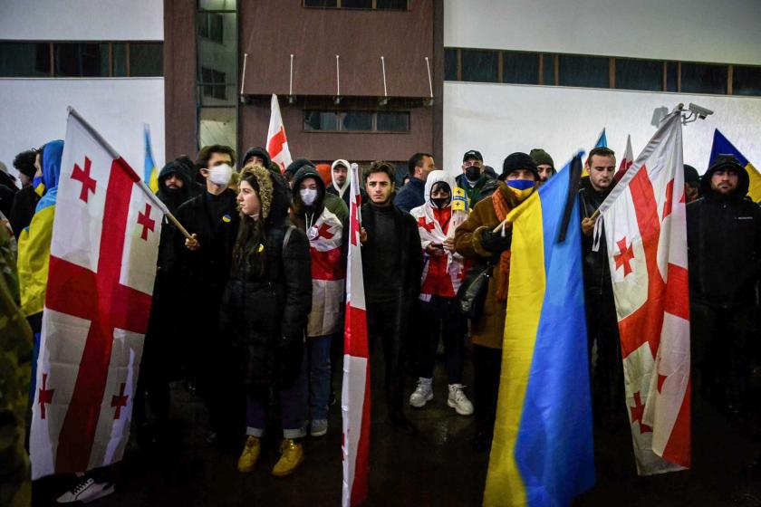 People with Georgian and Ukrainian flags