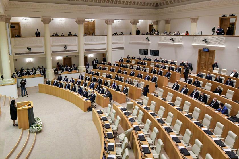 Georgian President Salome Zourabichvili delivers speech to Georgian parliament with many seats empty