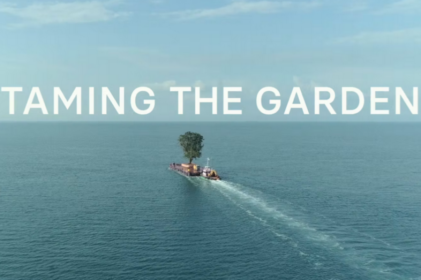 A tree on a boat in the ocean. Text reads 'Taming the Garden.'