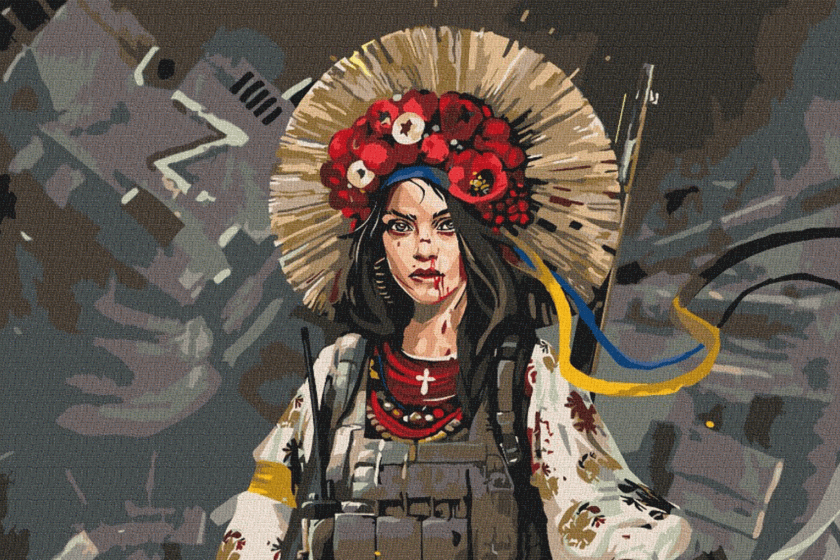 a painting of Ukrainian woman in traditional outfit and war armour