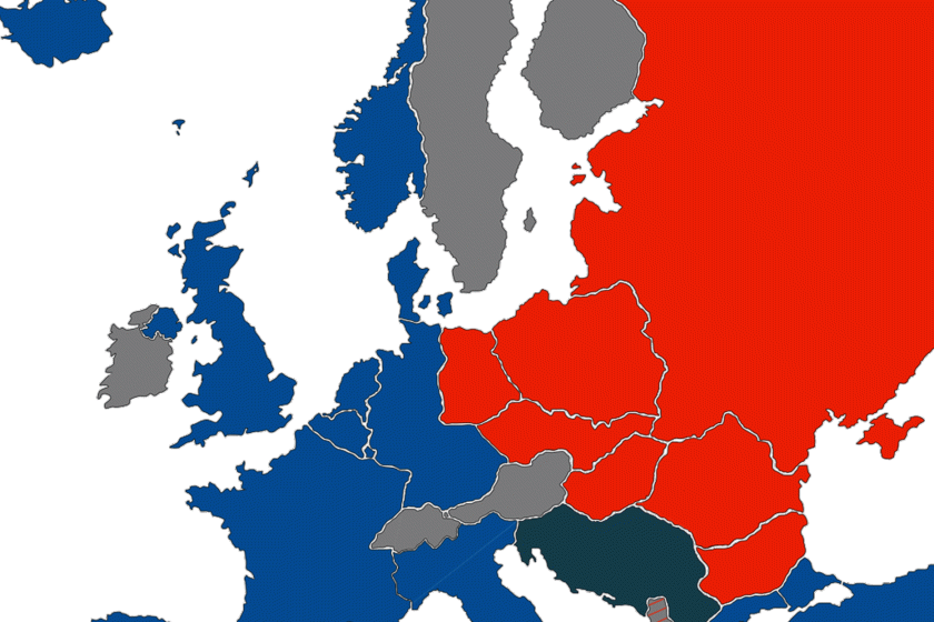 illustration map of soviet bloc red adn blue colors