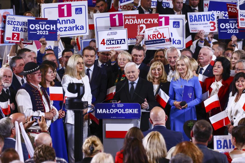 Jaroslaw Kaczynski, the leader of Law and Justice (PiS) ruling party, gives a speech during a final convention of elections campaign in Krakow, Poland on October 11, 2023. 