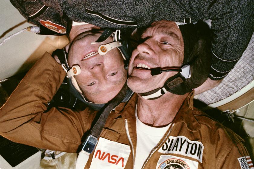 Astronaut Donald K. Slayton and cosmonaut Aleksey A. Leonov in the Soyuz Orbital Module