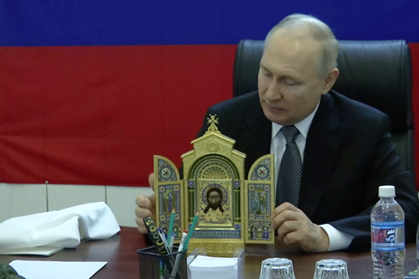 Putin at the Headquarters of the Dnepr Group of Forces and Vostok National Guard with a Not Made by Human Hands icon of the Savior, April 2023