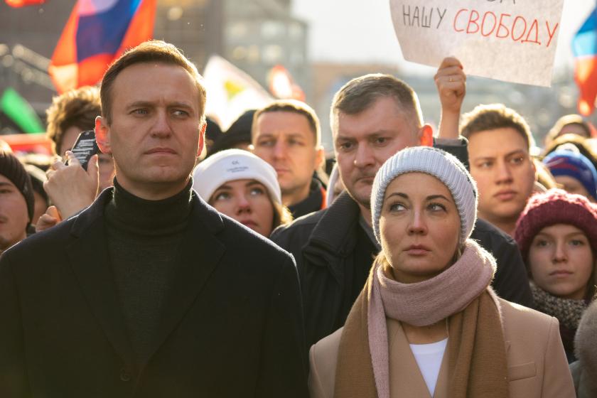 Alexei Navalny and his wife Julia Navalnaya on the Nemtsov Memory march.