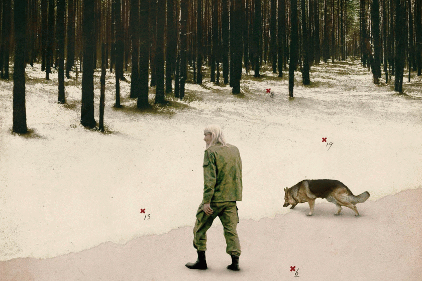 a man and a dog in the woods in the winter