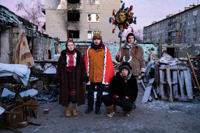 Young actors visiting eastern Ukraine to perform a Christmas play for doctors, police, soldiers, and locals in Izium, Kharkiv region, January 2023.