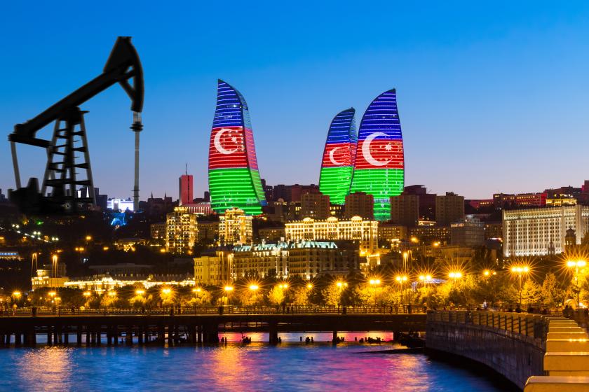 Flame Towers and oil pump - neon original backlight. National symbols of the Republic of Azerbaijan