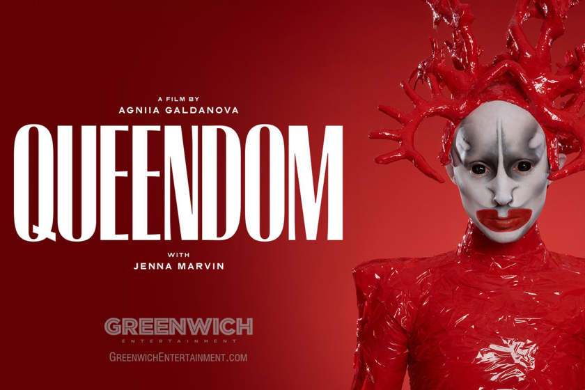 Queendom's main character, Jenna, dressed in dramatic red on the film's poster.