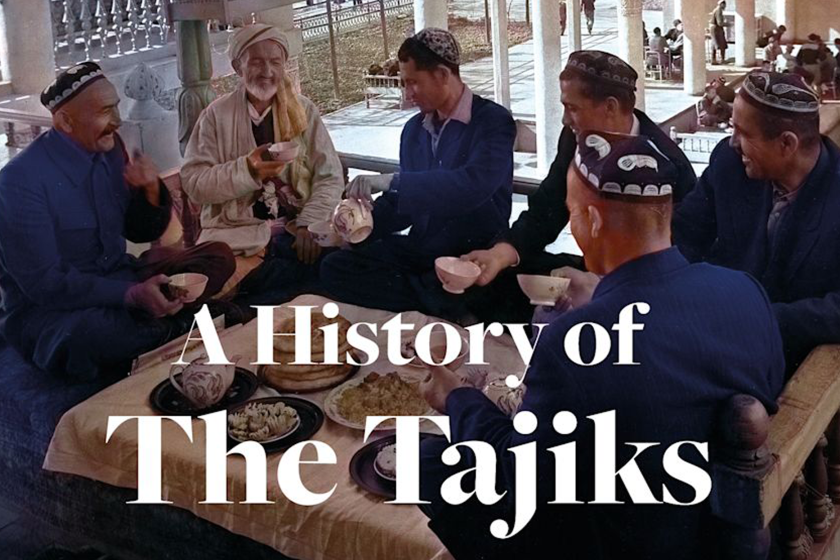 From the cover of Folz's book, "A History of The Tajiks," a group of people gather around a table.