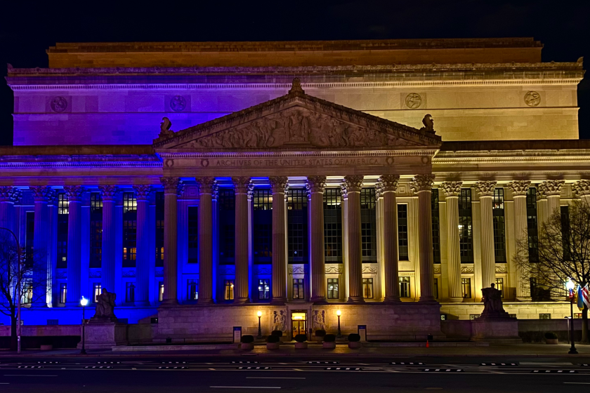 The US National Archives Building in Washington, DC, has been illuminated in blue and yellow in solidarity with the people and heritage institutions of Ukraine.