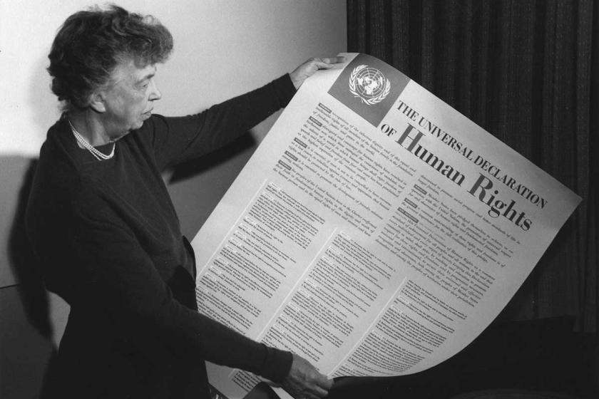 Eleanor Roosevelt holding the Declaration of Human Rights, 1949