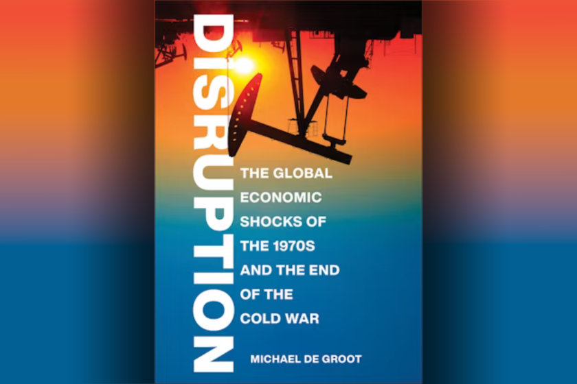 The cover of "Disruption: The Global Economic Shocks of the 1970s and the End of the Cold War" with an inverted landscape silhouette with sunset background.