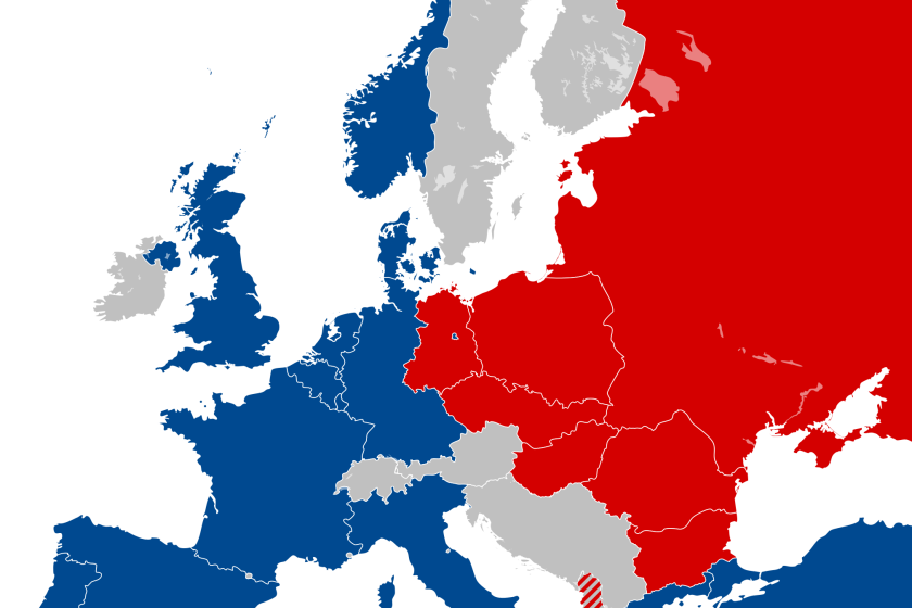 Map of Europe showing NATO (blue) and the Warsaw Pact (red) ca. 1982.