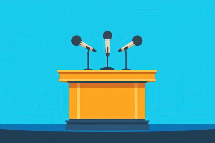 illustration of three mics and podium; blue and yellow