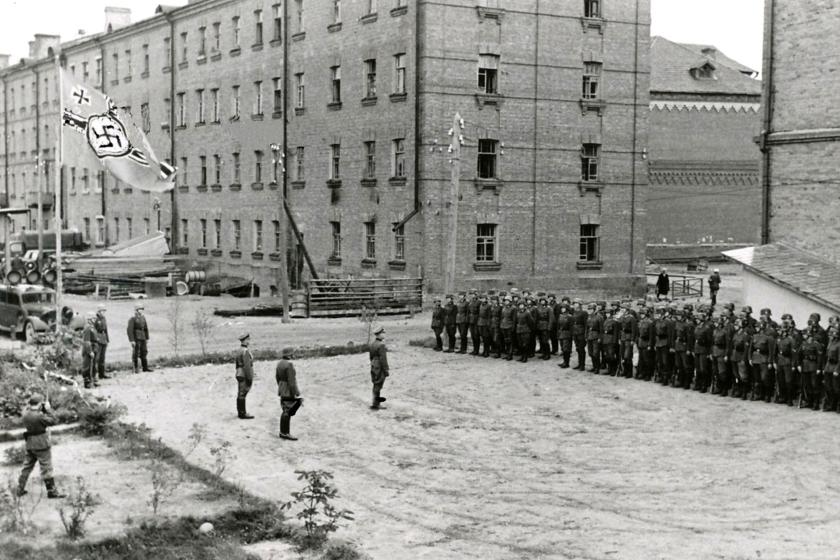 black and white photograph, with German Soldiers in Smolensk, during WWII