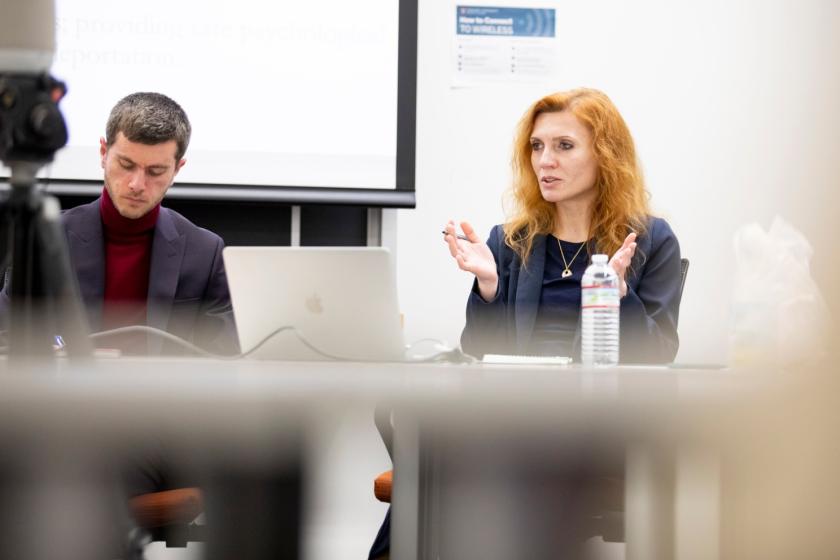 Nataliya Shpylova-Saeed (right), preceptor in Slavic Languages & Literatures, and Bohdan Tokarskyi, assistant professor of Ukrainian literature and culture, at a panel at the Davis Center for Russian and Eurasian Studies in April.