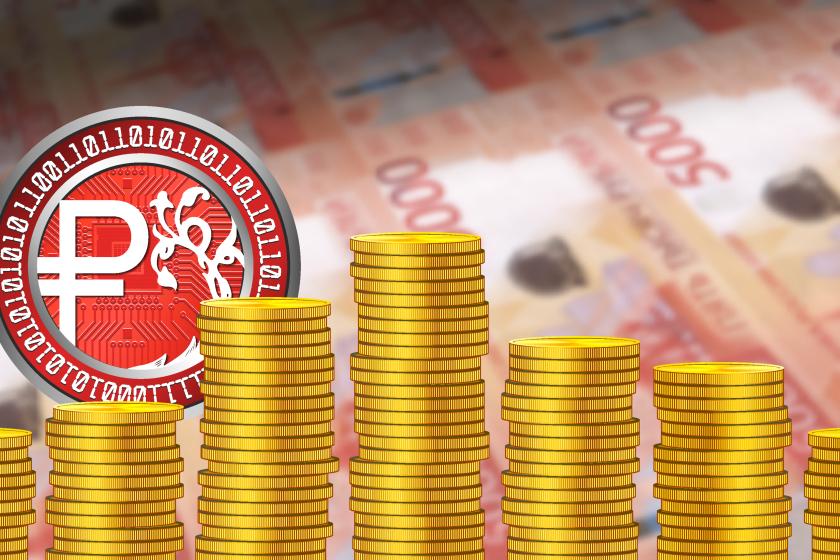 ruble symbol with blockchain numbers and stacks of coins