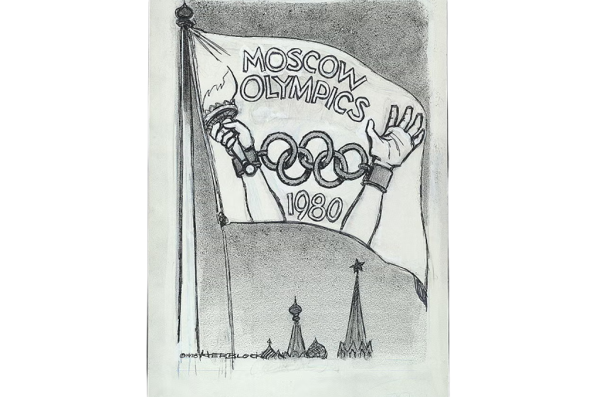 Soviet-hosted 1980 Olympics with Olympic rings as chains