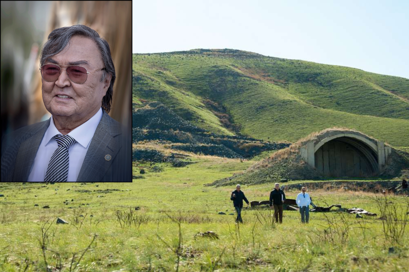 Image with two halves, one with an asian man in sunglasses on the left, other side has a rolling green landscape with three figures