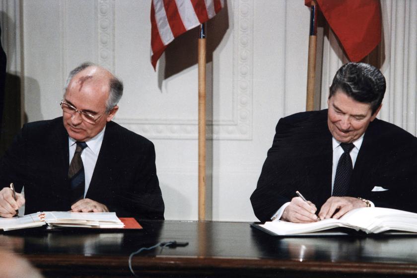 U.S. President Ronald Reagan and Soviet leader Mikhail Gorbachev signing the INF treaty at the White House.