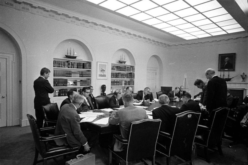 President John F. Kennedy meets with members of the Executive Committee of the National Security Council regarding the crisis in Cuba.