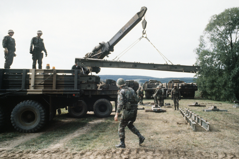 U.S. military engineers assembling a bridge as part of the 1983 NATO exercises that had the Soviets on edge.