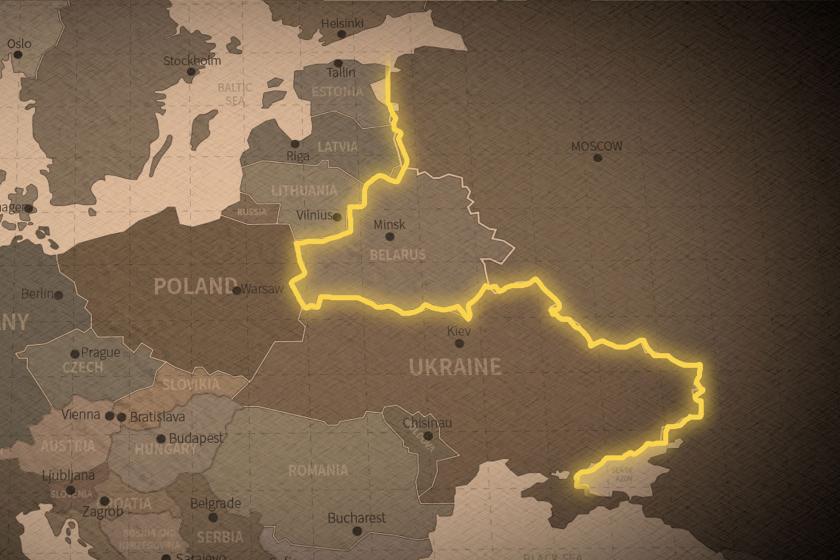 A map of Russia and Eastern Europe in brown tomes with the line separating Russia